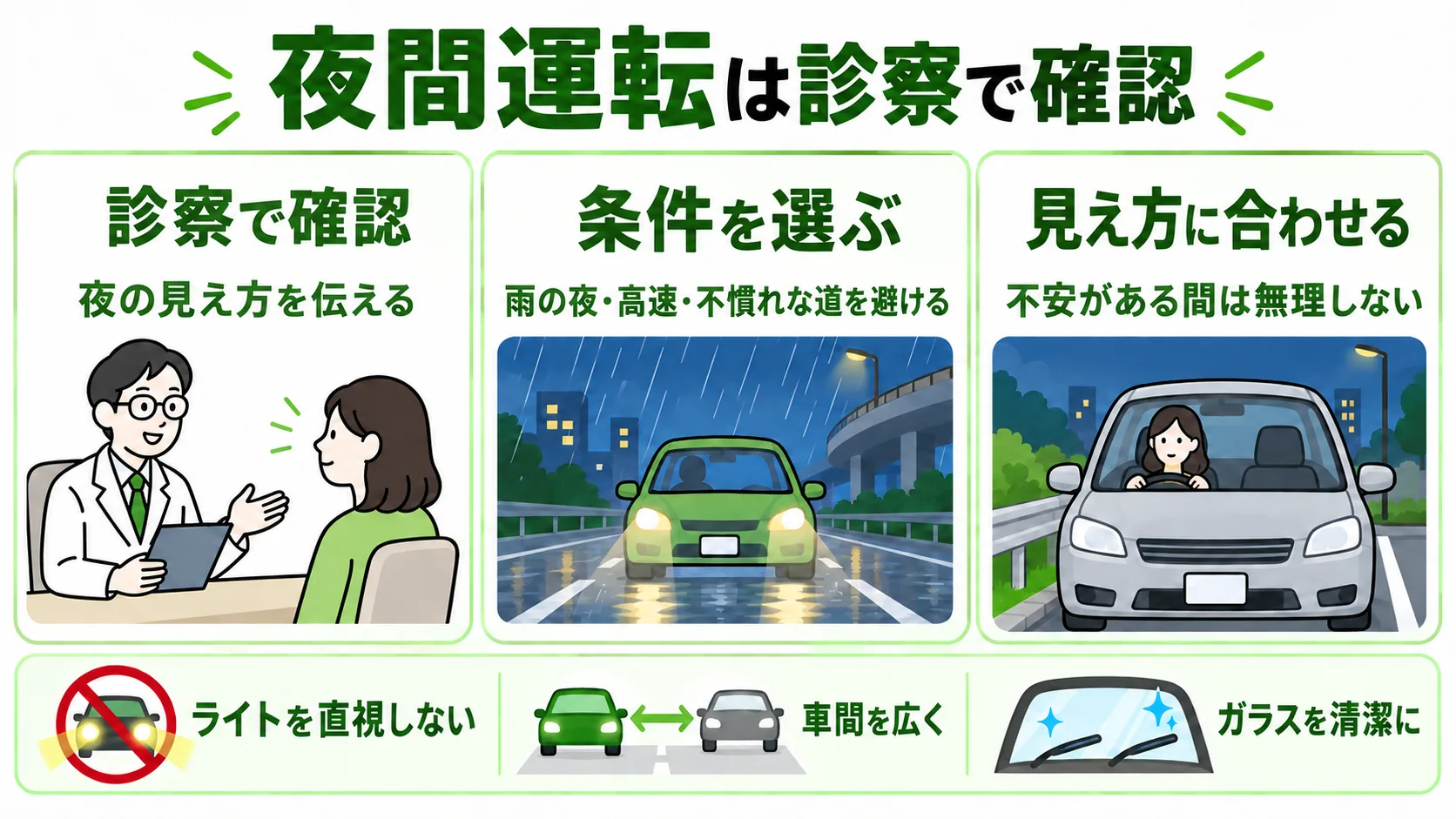 夜間運転は診察で確認：夜の見え方を伝える、雨の夜・高速・不慣れな道を避ける、不安がある間は無理しない。ライトを直視しない・車間を広く・ガラスを清潔に