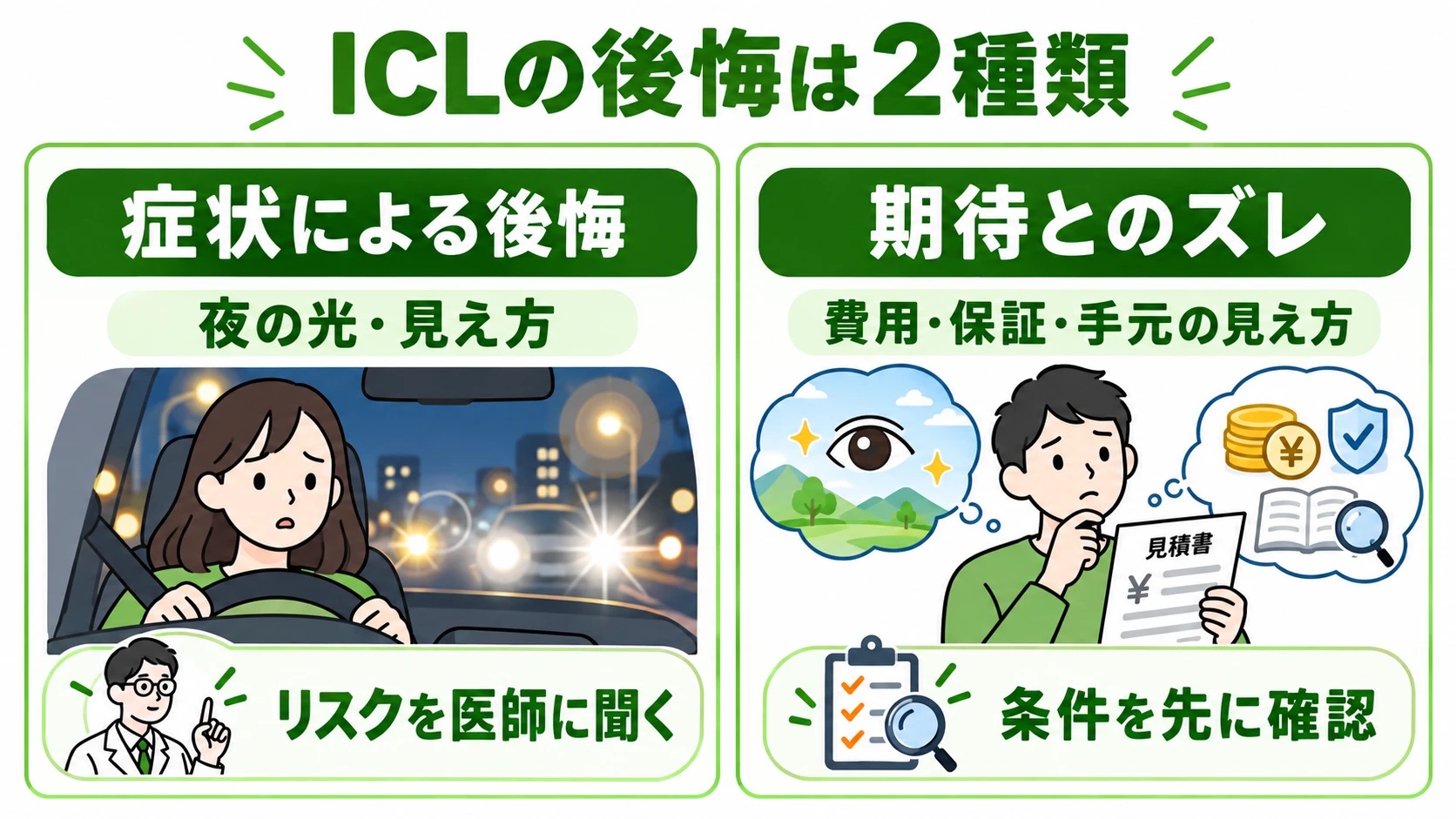 ICLの後悔は2種類：夜の光や見え方など症状による後悔は事前にリスクを医師に聞く、費用・保証・手元の見え方など期待とのズレは条件を先に確認